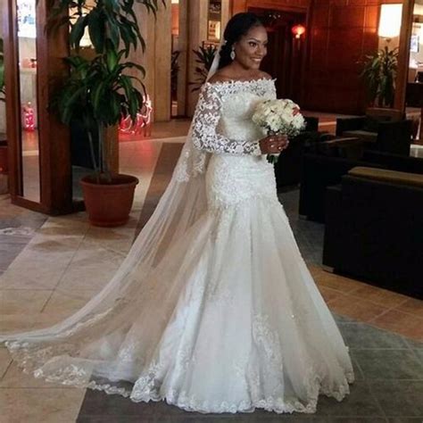 Mermaid Off The Shoulder Lace Wedding Dress Boat Neck Long Sleeve