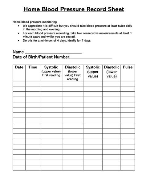 Blood Pressure Record Chart Printable Retmeet