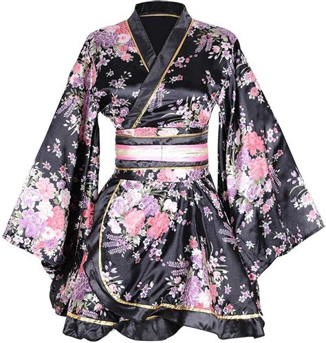 Sexy Japanese Geisha Kimono Costume Women S Floral Satin Short Style Yukata Dress With Obi Belt