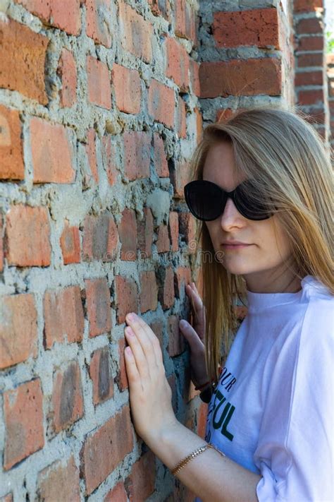 Blonde Girl Posing Near Brick Wall Sensual Beauty Face Dark Glasses