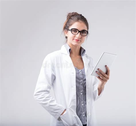 Professional Woman Lab Coat Glasses Digital Tablet Confident Stock