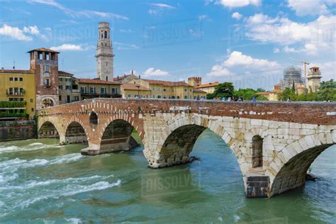 Ponte Pietra The Stone Roman Arch Bridge Crossing River Adige Verona