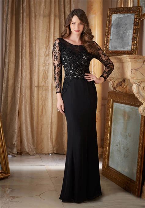 fitted boat neck open back black chiffon lace evening dress with long sleeves
