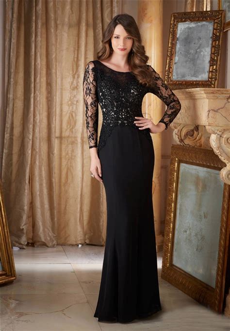 Fitted Boat Neck Open Back Black Chiffon Lace Evening Dress With Long Sleeves