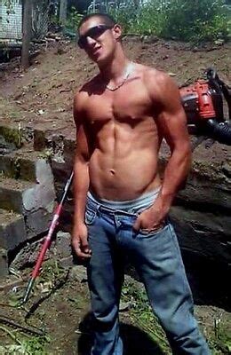 Shirtless Male Muscular Ripped Blue Collar Worker In Jeans Photo X
