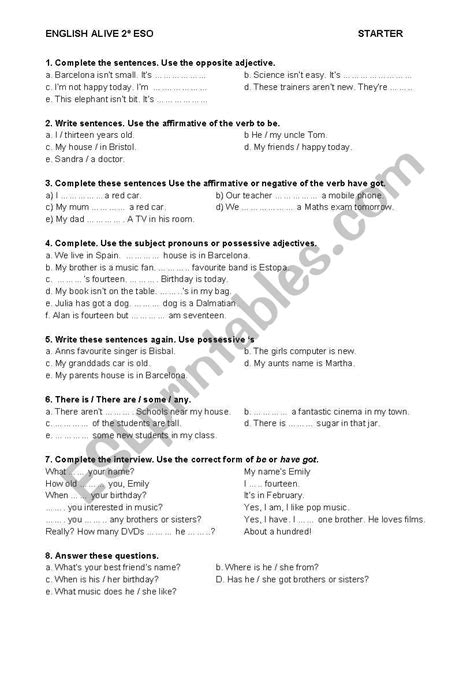 English Alive 2º Eso Practice Test Starter Unit Esl Worksheet By