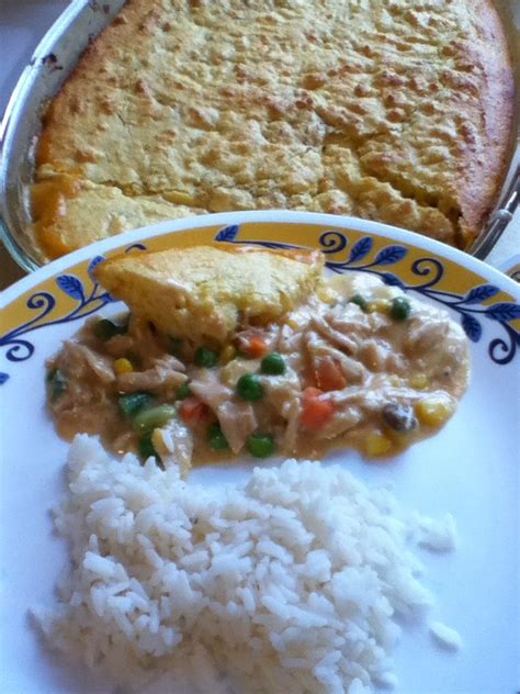 Cornbread came out most and soft. Turkey pot pie with cornbread crust & rice on the side ...