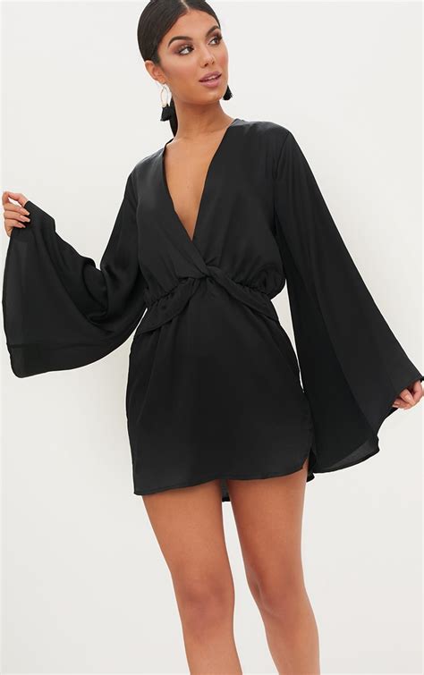 Black Satin Kimono Sleeve Plunge Shift Dress Prettylittlething Ca