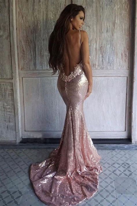 sexy rose gold sequins mermaid spaghetti straps backless prom dresses promdress me uk