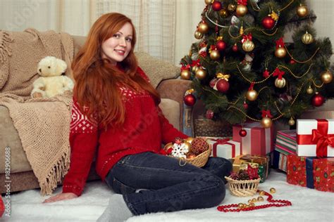 Beautiful Redhead Girl Portrait In Christmas Decoration Home Interior
