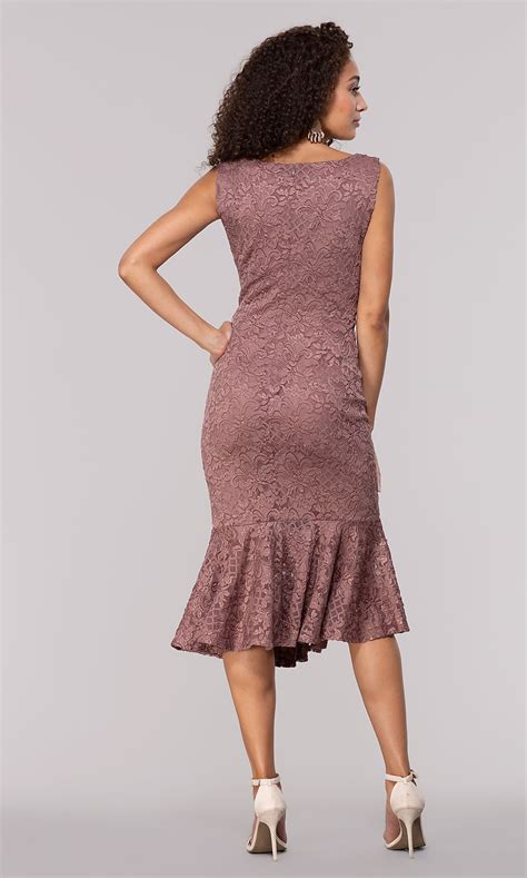 Knee Length Mauve Wedding Guest Dress In Glitter Lace