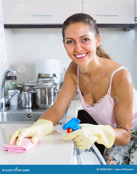 Attractive Woman Cleaning Kitchen Stock Image Image Of Gloves Dust