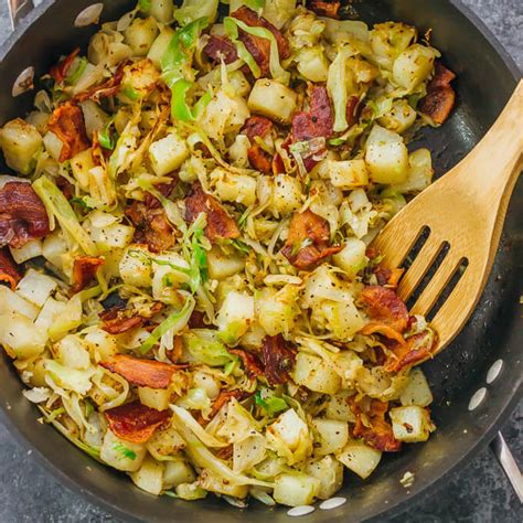 Add the cabbage and cook until just starting to wilt,. Fried cabbage and potatoes with bacon - savory tooth