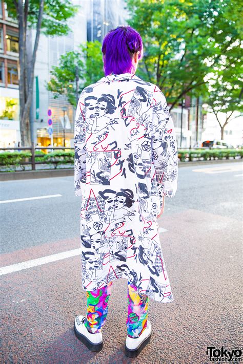 Purple Haired Harajuku Guy In Mixed Prints Kobinai Japan Streetwear