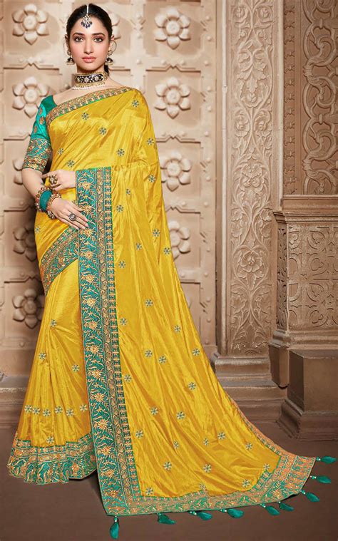 Bollywood Traditional Yellow Color Satin Silk Silk Fabric Saree 1632509