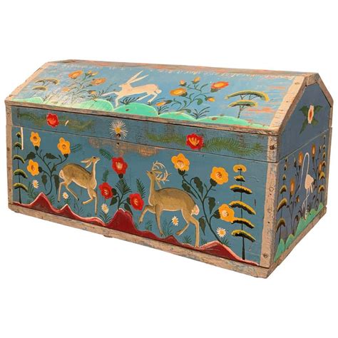 19th Century French Hand Painted Trunk With Rabbit And Deer Motifs From