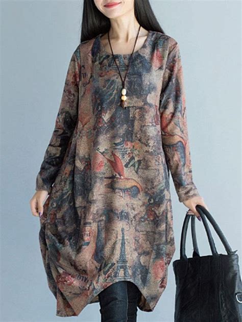 Vintage Long Sleeves O-Neck loose Floral Printed Artsy Dress | Ladies tops fashion, Fashion ...