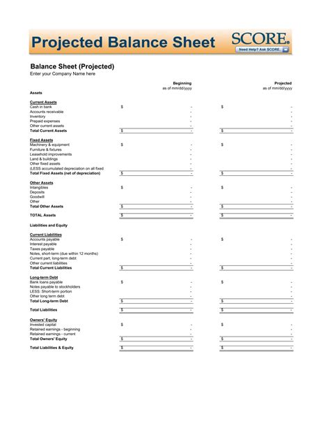 projected balance sheet template excel