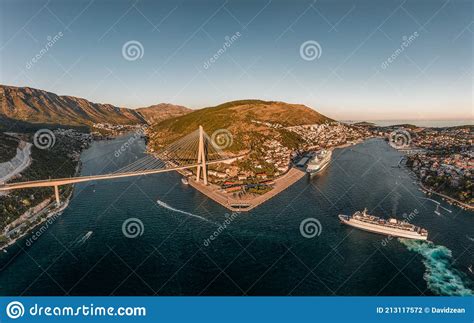 Aerial Drone Shot Of Lapad Gruz Peninsula Area With Dubrovnik Bridge Cruise Ship In Croatia