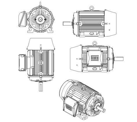 Planelevation And Side View With Isometric Detail Of Electric Motor