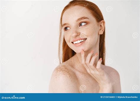 Skincare And Beauty Close Up Of Young Woman With Pale Skin And Freckles Standing Naked On White