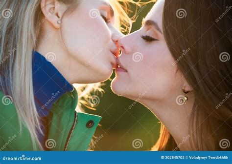 Beautiful Woman Kissing Sensual Kiss Female Model Mouth Kissed Stock