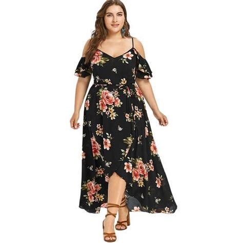 Gamiss Women Summer Plus Size 5xl Cold Shoulder Floral Overlap Dress S