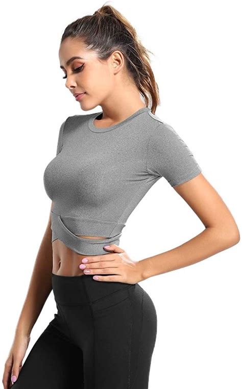 Dream Slim Short Sleeve Crop Tops For Women Tummy Cross Fitted Yoga Running Shirts Gym Workout