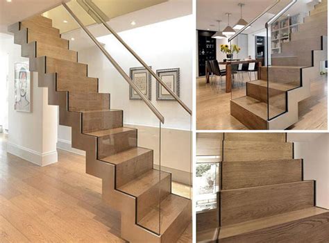 Customized Wood Tread Staircase With Zig Zag Beam Glass Railing