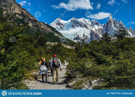 Adventure Tourists Hike At The Laguna Torre Trail In The Los Glaciares