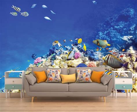 Underwater Wall Art Coral Reef Wallpaper Fishes Wall Mural Etsy