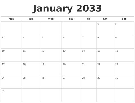 January 2033 Calendars Free