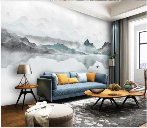 Abstract Ink Mountains Landscape Wallpaper Wall Mural Foggy Etsy In
