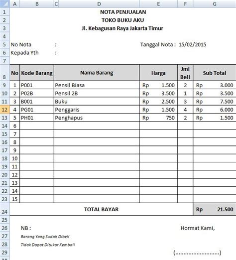 Membuat Nota Penjualan Otomatis Microsoft Excel