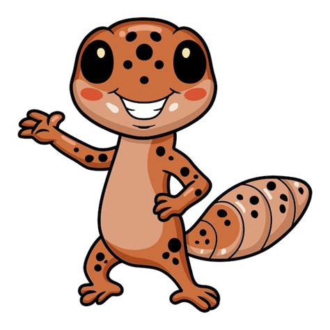 Cute Dibujos Animados De Gecko Leopardo Agitando La Mano Vector Premium