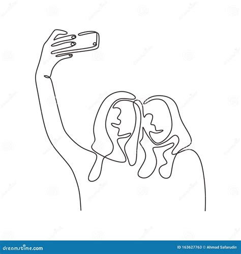 continuous one line drawing of two girls taking a picture with smartphone people selfie with