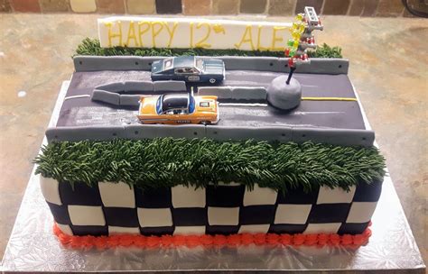 Drag Racing Birthday Cake Fondant Roadway And Checkerboard Sides
