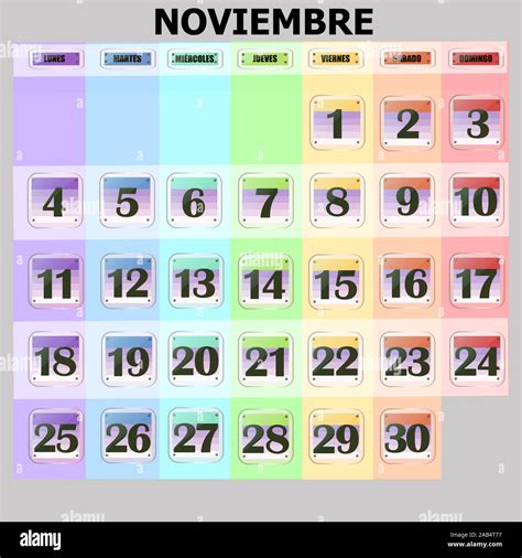 Colorful Calendar For November 2019 In Spanish Set Of Buttons With
