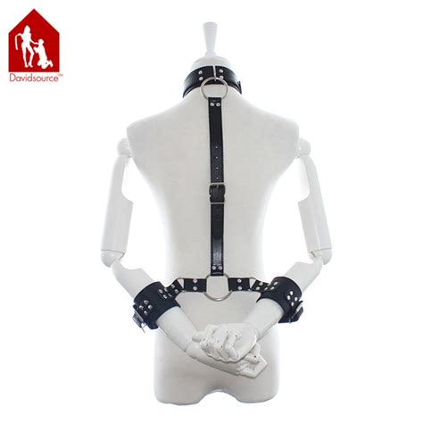 davidsource leather strap collar with handcuff wasit cuffs sex slave restraints kit training