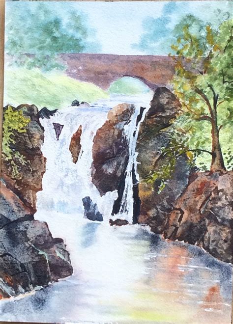Waterfall In Grasmere Lake District Watercolor Landscape Painting