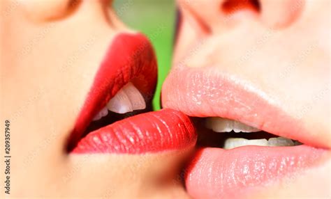Lesbian Love Lipstick Kiss Homosexual Love Two Girls Close Up Mouth To Mouth Female Mouths