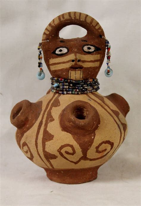 Native American Mohave Hand Painted Pottery Effigy With Beaded Earrings
