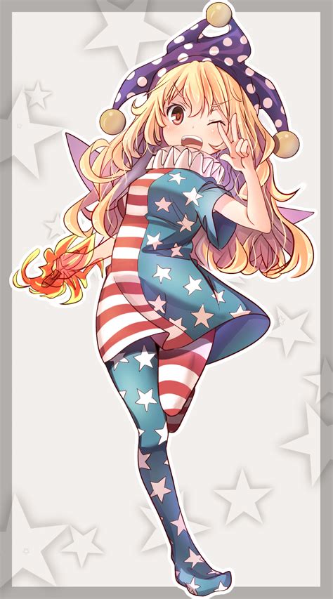 Safebooru 1girl American Flag Legwear American Flag Shirt Blonde Hair Clownpiece Frame Hat