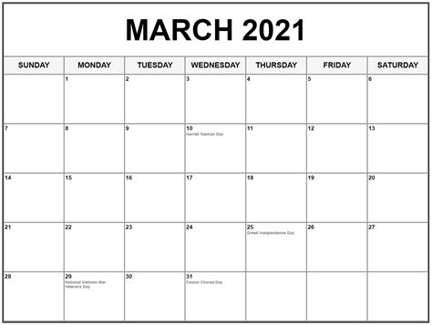 Us federal holidays calendar providing a listing of the date, day and month of holidays. March 2021 Calendar Cute PDF Template - Free Printable ...