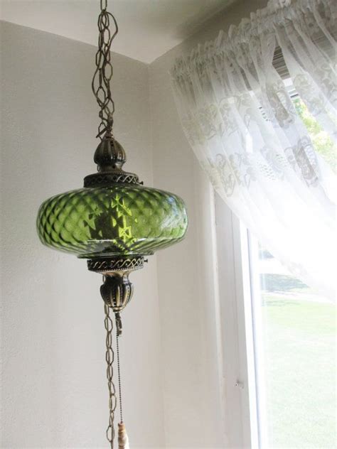 Hanging Swag Lamp Green 1970s Pendant Chain Cord Plug In Etsy Swag