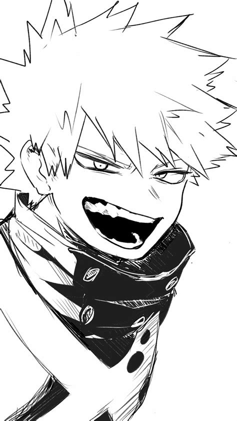 a black and white drawing of an anime character with his mouth wide open smiling