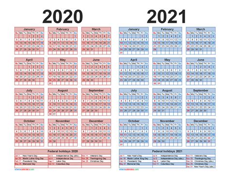 2020 And 2021 Calendar Printable With Holidays Word Pdf Free Printable 2020 Monthly Calendar