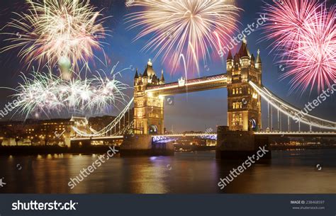 Tower Bridge With Firework Celebration Of The New Year In London Uk
