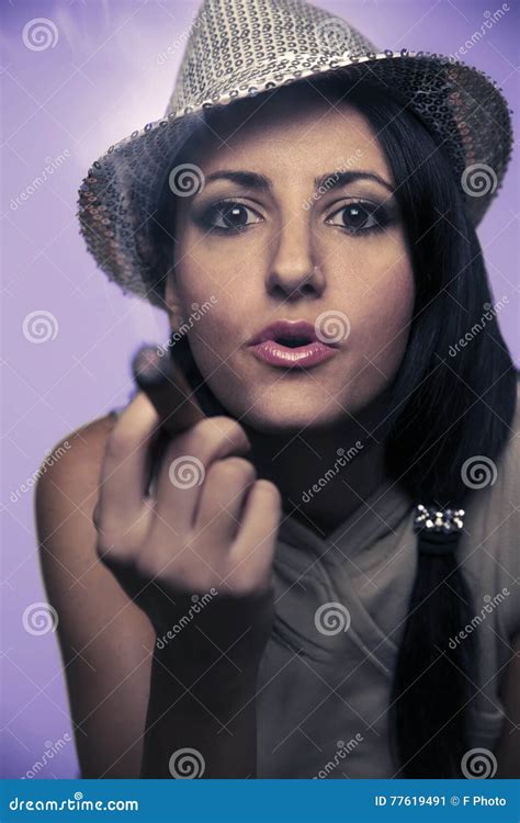 Woman With Shiny Hat Smoking A Cigar Stock Image Image Of Dark Body