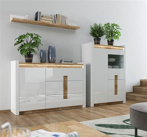 Led Light White Gloss Oak Luxury Sideboard Display Cabinet Storage